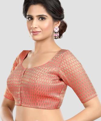 Pink brocade elbow sleeves round neck padded readymade saree blouse 4
