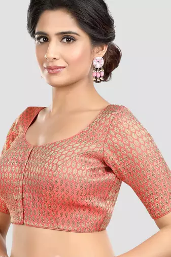 Pink brocade elbow sleeves round neck padded readymade saree blouse