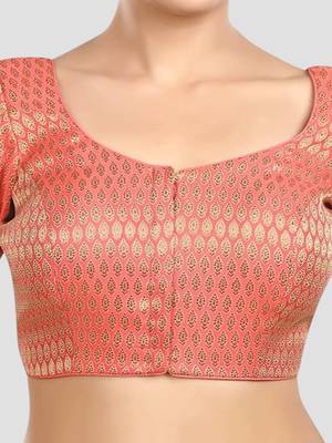 Pink brocade elbow sleeves round neck padded readymade saree blouse 5