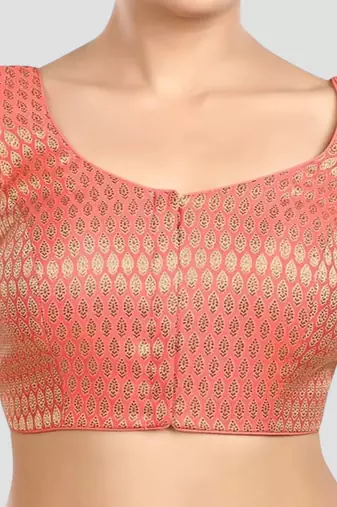 Pink brocade elbow sleeves round neck padded readymade saree blouse