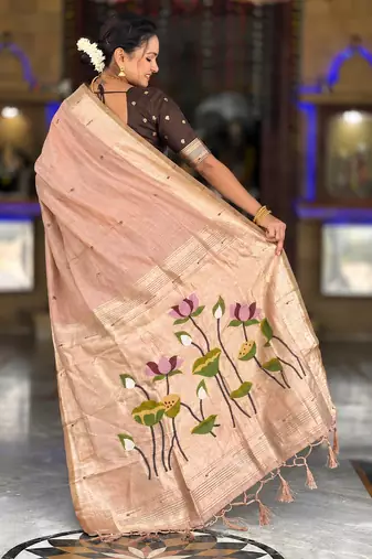 soft pure muga cotton  saree with meenakari  weaving  motifs and contrast blouse