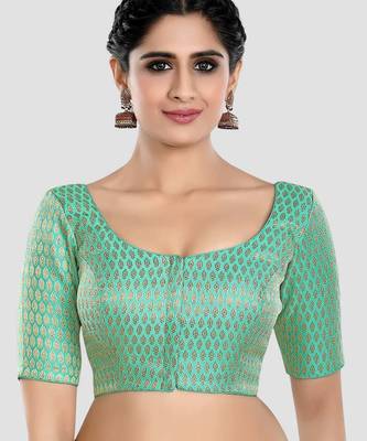 Green brocade elbow sleeves round neck padded readymade saree blouse 1
