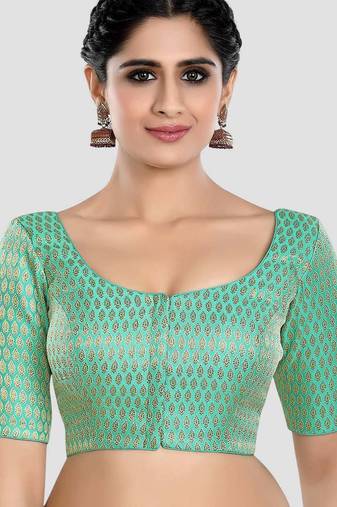 Green brocade elbow sleeves round neck padded readymade saree blouse