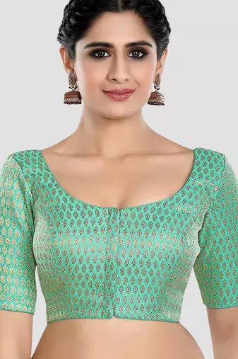 Green brocade elbow sleeves round neck padded readymade saree blouse