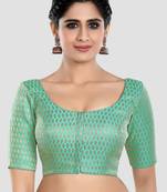 Green brocade elbow sleeves round neck padded readymade saree blouse