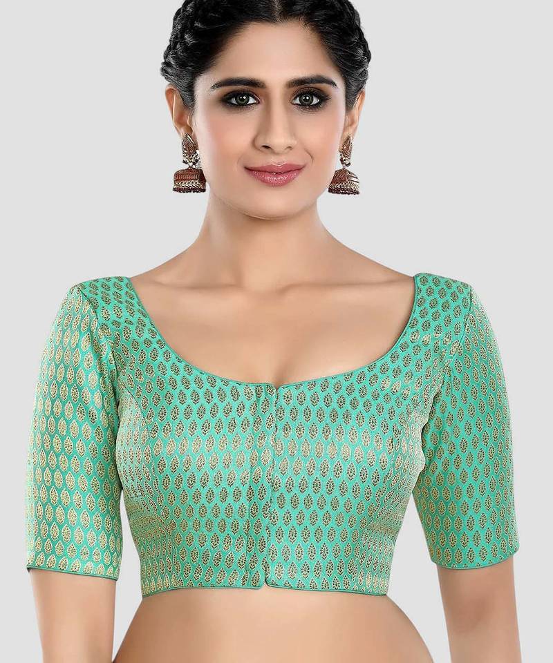 Green brocade elbow sleeves round neck padded readymade saree blouse