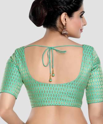 Green brocade elbow sleeves round neck padded readymade saree blouse 2