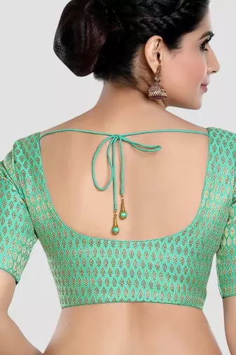 Green brocade elbow sleeves round neck padded readymade saree blouse