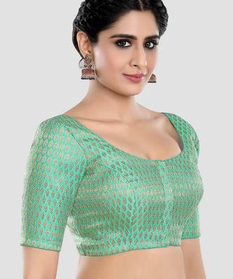 Green brocade elbow sleeves round neck padded readymade saree blouse 3
