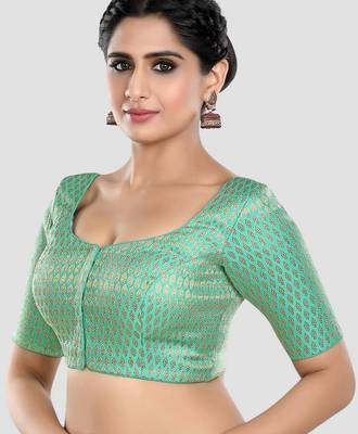 Green brocade elbow sleeves round neck padded readymade saree blouse 4