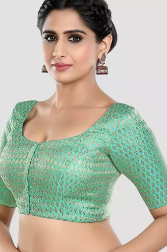 Green brocade elbow sleeves round neck padded readymade saree blouse