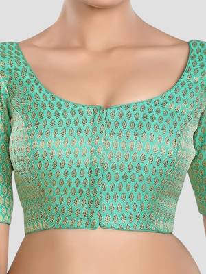 Green brocade elbow sleeves round neck padded readymade saree blouse 5