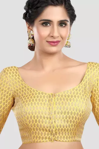 Yellow brocade elbow sleeves round neck padded readymade saree blouse