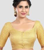 Yellow brocade elbow sleeves round neck padded readymade saree blouse