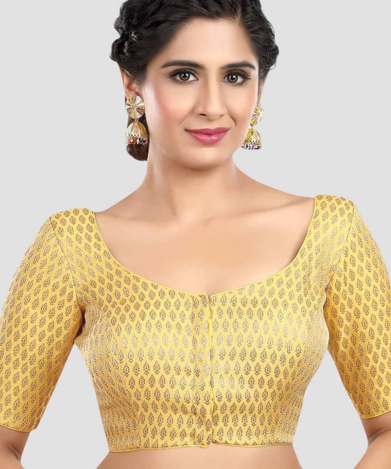 Yellow brocade elbow sleeves round neck padded readymade saree blouse