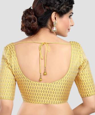 Yellow brocade elbow sleeves round neck padded readymade saree blouse 2