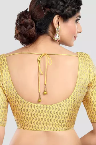 Yellow brocade elbow sleeves round neck padded readymade saree blouse