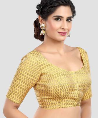 Yellow brocade elbow sleeves round neck padded readymade saree blouse 3