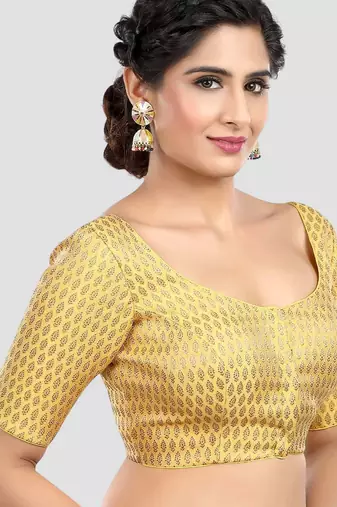 Yellow brocade elbow sleeves round neck padded readymade saree blouse