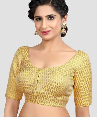 Yellow brocade elbow sleeves round neck padded readymade saree blouse 4