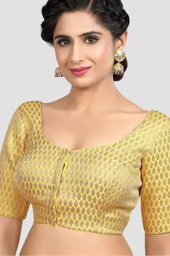 Yellow brocade elbow sleeves round neck padded readymade saree blouse