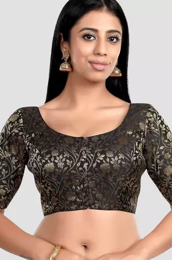 Black banarasi brocade short sleeves padded readymade saree blouse