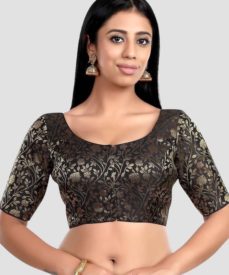 Black banarasi brocade short sleeves padded readymade saree blouse