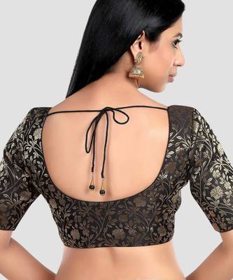 Black banarasi brocade short sleeves padded readymade saree blouse 2