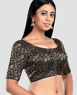 Black banarasi brocade short sleeves padded readymade saree blouse 3