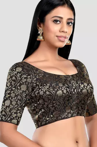Black banarasi brocade short sleeves padded readymade saree blouse