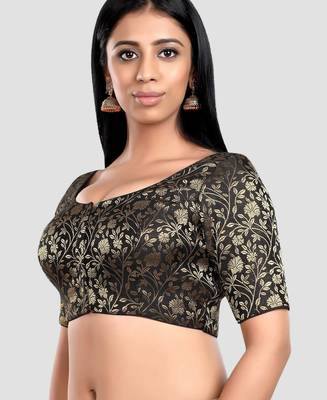 Black banarasi brocade short sleeves padded readymade saree blouse 4