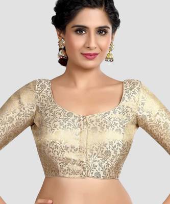 Cream banarasi brocade short sleeves padded readymade saree blouse 1