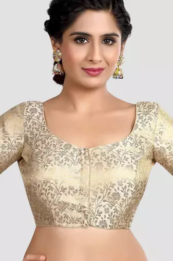 Cream banarasi brocade short sleeves padded readymade saree blouse