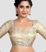 Cream banarasi brocade short sleeves padded readymade saree blouse