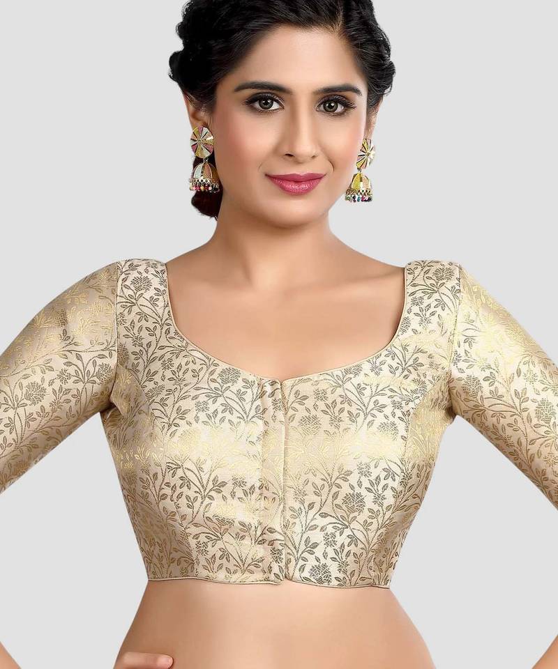 Cream banarasi brocade short sleeves padded readymade saree blouse