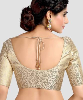 Cream banarasi brocade short sleeves padded readymade saree blouse 2