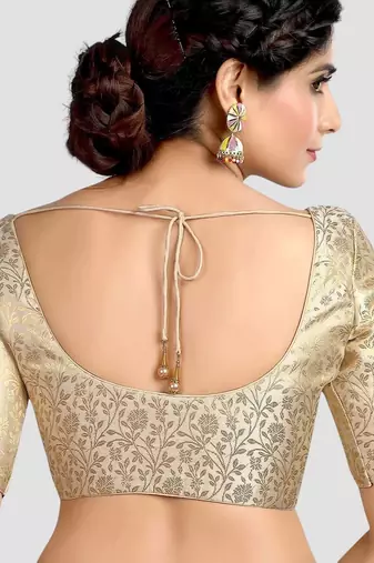Cream banarasi brocade short sleeves padded readymade saree blouse