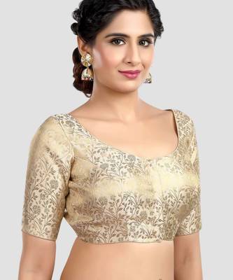Cream banarasi brocade short sleeves padded readymade saree blouse 3