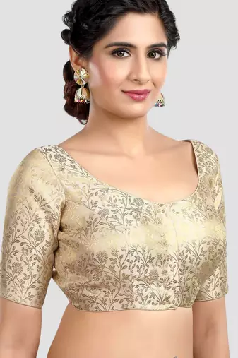 Cream banarasi brocade short sleeves padded readymade saree blouse