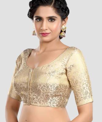 Cream banarasi brocade short sleeves padded readymade saree blouse 4