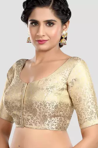 Cream banarasi brocade short sleeves padded readymade saree blouse