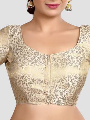 Cream banarasi brocade short sleeves padded readymade saree blouse 5