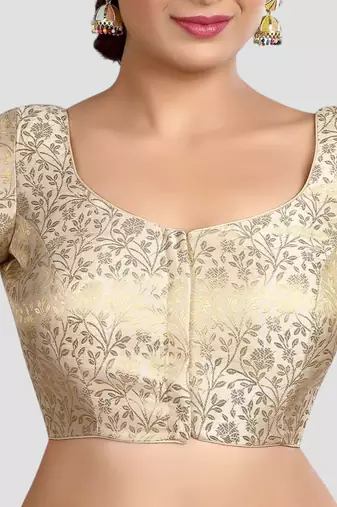 Cream banarasi brocade short sleeves padded readymade saree blouse