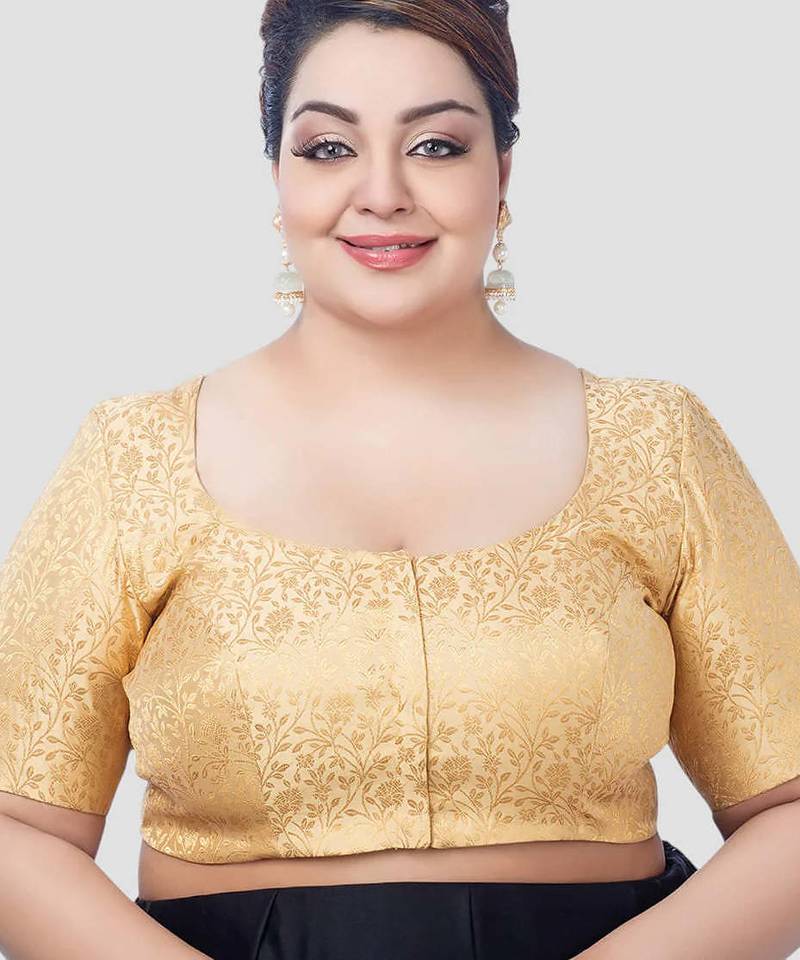 Gold exquisite printed brocade elbow sleeves readymade saree blouse