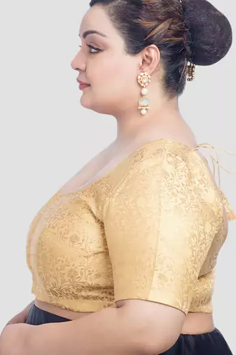 Gold exquisite printed brocade elbow sleeves readymade saree blouse
