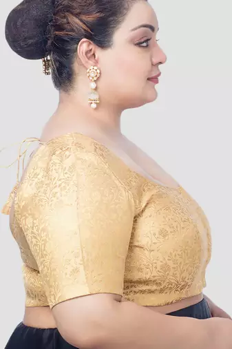 Gold exquisite printed brocade elbow sleeves readymade saree blouse