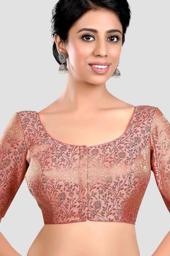 Peach banarasi brocade short sleeves padded readymade saree blouse