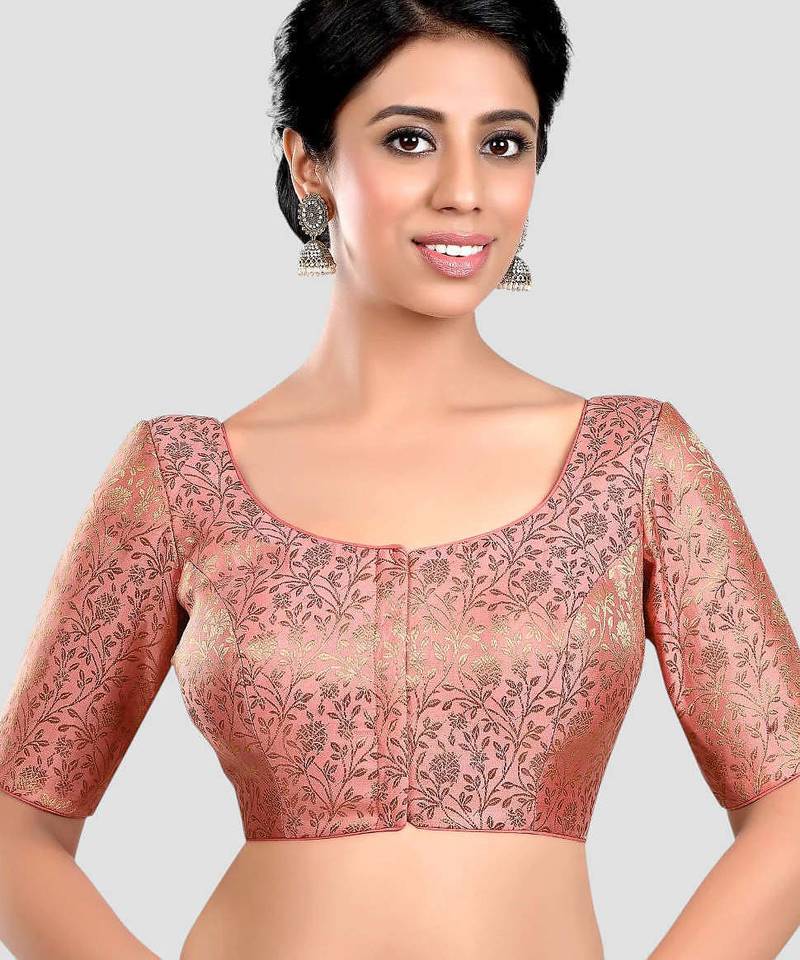 Peach banarasi brocade short sleeves padded readymade saree blouse
