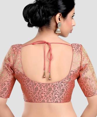 Peach banarasi brocade short sleeves padded readymade saree blouse 2