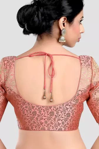 Peach banarasi brocade short sleeves padded readymade saree blouse